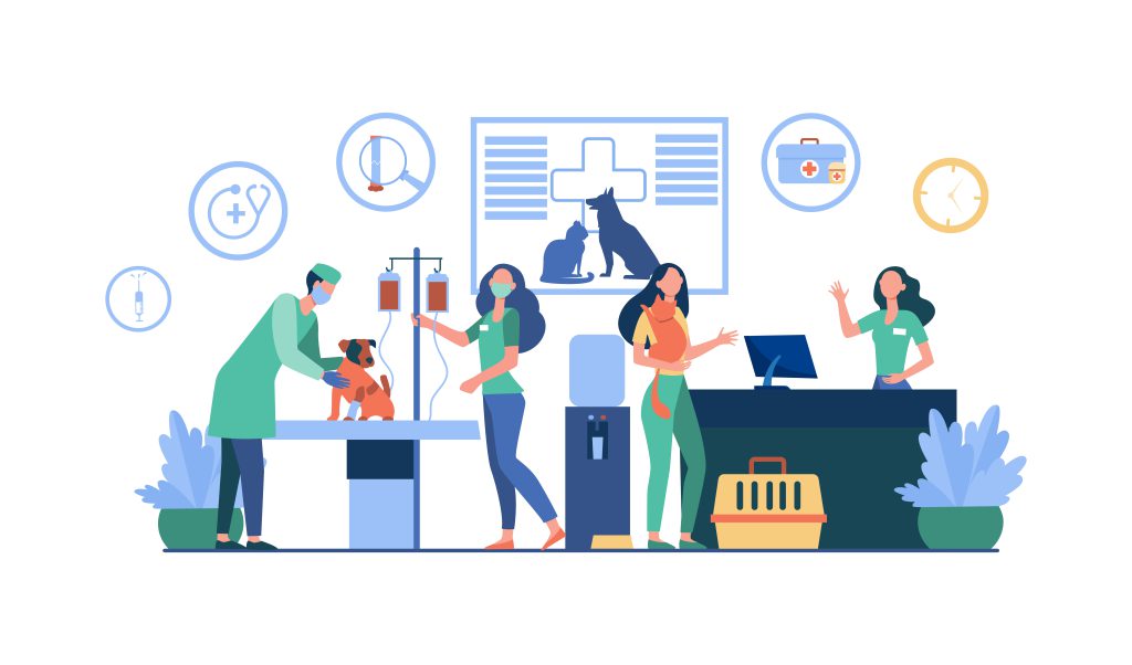 obrazek ilustrowany, weterynarze zajmują się zwięrzętami - sklep weterynaryjny