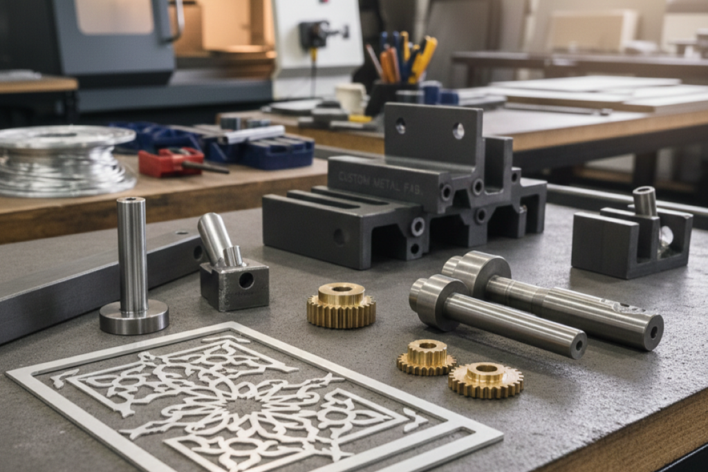 Elementy metalowe na zamówienie, w tym mosiężne koła zębate, stalowe wały oraz frezowane detale maszynowe, ułożone na stole warsztatowym