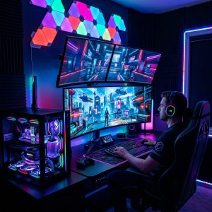 Nowoczesne stanowisko gamingowe z efektami neonowymi 3D