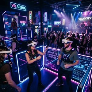 Grupa przyjaciół grająca na zaawansowanym sprzęcie VR i sprzęcie klubowym przy świetle neonowym